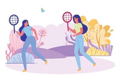 happy girls playing badminton outdoor, young friends spare time activity. sports game tennis players beat shuttle with racket on nature background. training tournament cartoon flat vector illustration