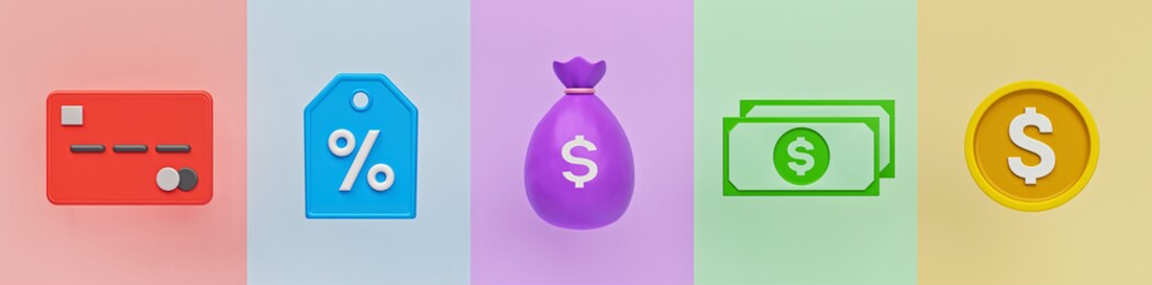 money related icons. credit card, price tag, bag of money, cash icon and coin. minimal trendy banner. 3d rendering