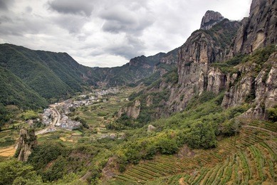 in china, wenzhou, "yandang mountain", at the foot of the mountain villages and islands. (yandang mountain is china's famous geological park, formed in 120 million years ago)