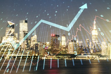 multi exposure of virtual abstract financial graph and upward arrow on manhattan cityscape background, financial and trading concept