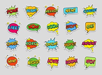 stickers set, retro colorful comic speech bubbles set on white background. expression text pow, yeah, wow, hello, yeah, omg, like, cool, ouch, nope, stop, xoxo etc. vector illustration, pop art style.