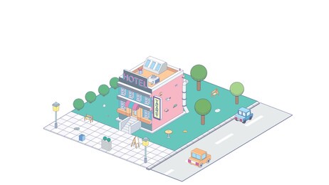 vector isometric icon or infographic element representing hotel building. cars passing by on the street. isometric concept of apartment
