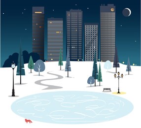 city park skating ring at night with urban skyline and a fox, eps 8 vector illustration