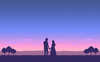 silhouette couple man and woman holding hand together under evening sky with stars background
