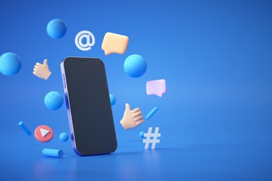 3d trend social media platform, online social communication applications concept, emoji, hashtag, chat bubbles floating with smartphone on blue background. 3d illustration