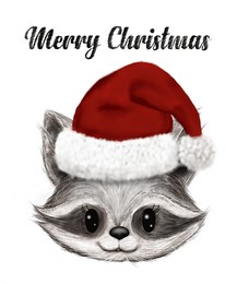 hand drawing of the head of a raccoon wearing a santa claus hat with the words on it, merry christmas