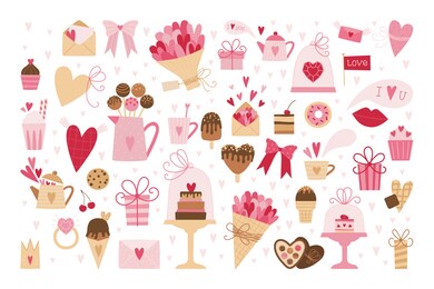 big set of romantic elements for valentine's day. hearts, sweets, flowers, cupcakes, gifts, ice cream and other cute items. vector illustrations for valentines day, stickers, greeting cards, etc.