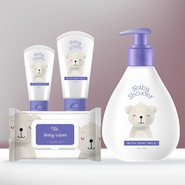 vector baby toiletries or skincare packaging bundle with shampoo or baby wash pump bottle, face and hand cream tube and baby wipes foil sachet pack. bear illustration print.