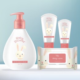 vector baby toiletries or skincare packaging bundle with shampoo or baby wash pump bottle, face and hand cream tube and baby wipes foil sachet pack. rabbit illustration print.