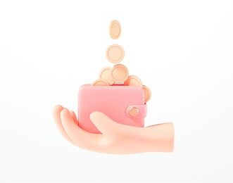 3d hand holding wallet, coin stack, bills and credit card on isolate white background, money saving, online payment and payment concept. 3d render illustration