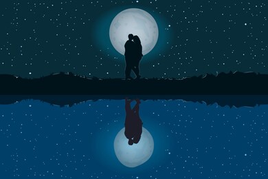 silhouette of loving couple. lovers at night on beautiful landscape with reflection. full moon in starry sky. moonlit night. valentines day. happy lovers. for card or poster. stock vector illustration
