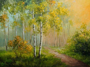 oil painting on canvas - birch forest, abstract drawing, made in the style of impressionism 