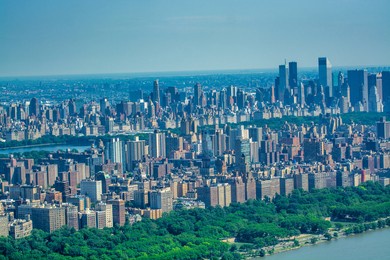 amazing aerial view of manhattan skyline from helicopter, new york city.