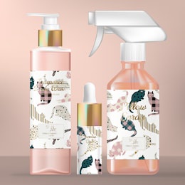 vector skincare or beauty packaging set with body wash pump bottle, serum droplet and aroma spray bottle. cat pattern print packaging.