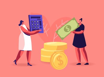 pay check, salary income, financial success concept. women collecting, saving money. female characters carry dollar banknote and coins counting budget on calculator. cartoon people vector illustration