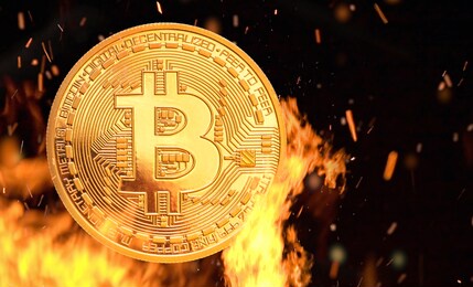 bitcoin - bit coin btc cryptocurrency money burning in flames and fire sparkles