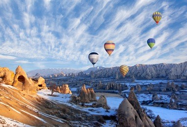 hot air balloon flying over spectacular cappadocia 