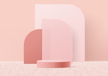 3d valentine background products minimal podium on wool carpet platform. background vector 3d rendering with podium. gold stand for show products. stage showcase on pedestal pink wool carpet studio