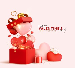 valentine's day design. realistic red gifts boxes. open gift box full of decorative festive object. holiday banner, web poster, flyer, stylish brochure, greeting card, cover. romantic background