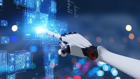 robot hand touching hologram screen. robotic technology. 3d rendering.