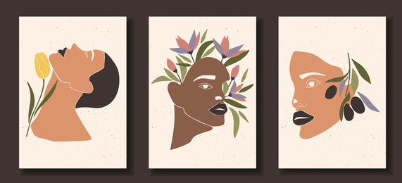 set of abstract female shapes and silhouettes on textured background. abstract women lips, eyes, face in pastel colors. collection of contemporary art posters. flowers and leaves compositions.