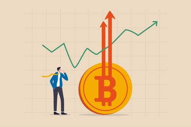 bitcoin btc price soaring sky high hit new high record concept, businessman investor look high at rising up arrows from bitcoin symbol with green chart and graph.