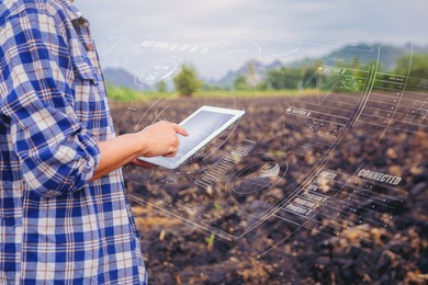 smart farm, farmer owner using smart tablet to analysis and control soil plant quality. future agriculture concept.