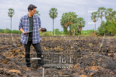 smart farm, farmer owner using smart tablet to analysis and control soil plant quality. future agriculture concept.