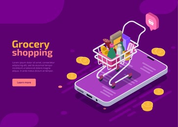 grocery shopping isometric landing page, purple web banner. supermarket cart full of food and drink stands on screen of mobile device with scattered coins. e-commerce online store, market shop concept