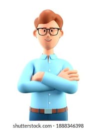 close up portrait of smiling man with arms crossed. 3d illustration of cute cartoon businessman with eyeglasses in blue shirt, isolated on white background.