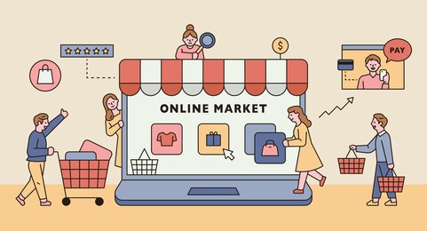 online shop concept. there is an online store on a large laptop monitor and customers are gathering. flat design style minimal vector illustration.