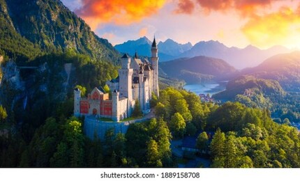beautiful view of world-famous neuschwanstein castle, the nineteenth-century romanesque revival palace built for king ludwig ii on a rugged cliff near fussen, southwest bavaria, germany. 