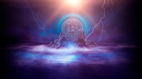 dark, night abstract fantasy landscape with island, pyramids, bitcoin and lightning. reflection of neon in water, sea, ocean. smoke, smog on the shore. a modern futuristic landscape with bitcoin. 3d 