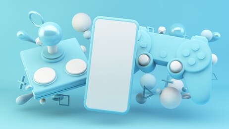 mobile screen surrounded by blue gaming elements 3d rendering mock up