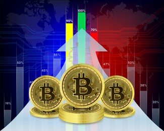 bitcoin currency. crypto coin with growth chart. international stock exchange. network bitcoin marketing banner. chart exchange currency crypto. 3d vector eps10