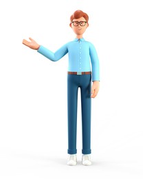 3d illustration of standing smiling man showing hand at direction. portrait of cartoon happy businessman with eyeglasses and blue shirt, isolated on white background.