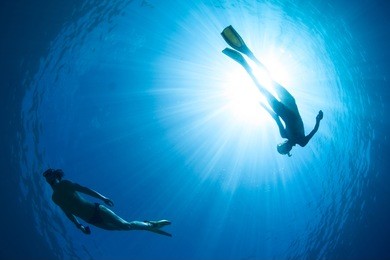 underwater shot of the couple gliding in depth of tropical sea at sunny day
