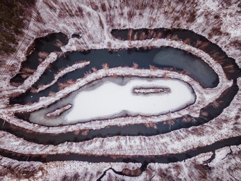 top view of a frozen lake with tow islands and trees along the banks