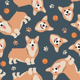 seamless vector pattern with corgi, ball and pawprint. dog breeds. blue background for fabric, textile, wallpaper, wrapping paper