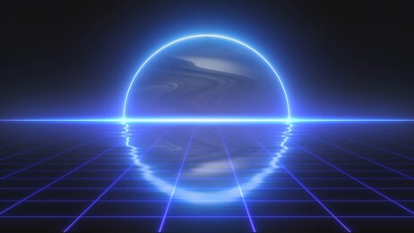 blue sun or planet above horizon. reflections on water waves. digital wireframe net. synthwave, vaporwave style illustration. retrowave. retro futurism, vintage 80s, 90s wallpaper. 3d render elements.
