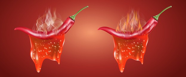 red chili pepper with chili melting on fire elements isolated on dark color background, vector realistic in 3d illustration.