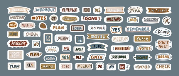 collection of sticker with hand written lettering quotes. set of decoration elements for daily planner, diary, journal. all elements are isolated. vector cartoon illustration. vintage style.