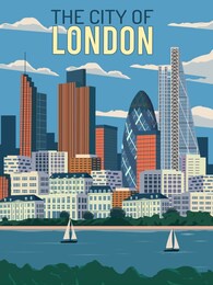 capital financial in europe  the city of london skyline and thames river blue sky illustration  best for travel poster  with vintage retro style