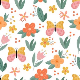 seamless pattern with the image of butterfly, yellow, pink flowers and leaves on a white background, in vector graphics. for the design of wallpaper, prints for textiles, clothing, packaging, bags.