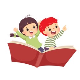 vector illustration cartoon of happy kids flying on the book on white background.