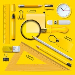 set of yellow school supplies on the blackboard background, vector illustration. 