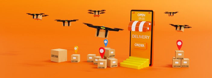online delivery services concept,shopping online on mobile application,transportation deliver by robotic drone vehicle service,e-commerce concept,smartphone mockup isolated orange background,3d render