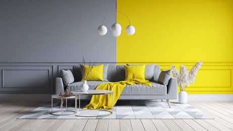 modern living room interior design.  yellow and gray paint wall with gray sofa . color of the year 2021. 3d render