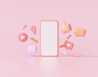 3d render social media with photo frame, like button and geometric shapes on pink background illustration.