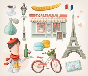 set of elements, famous buildings and decorations from paris, france